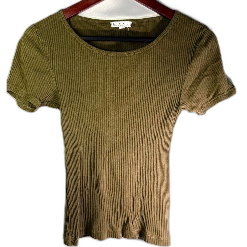 Alex Mill XS Extra Small Olive Army Green Ribbed Knit Short Sleeve Fitted Tee